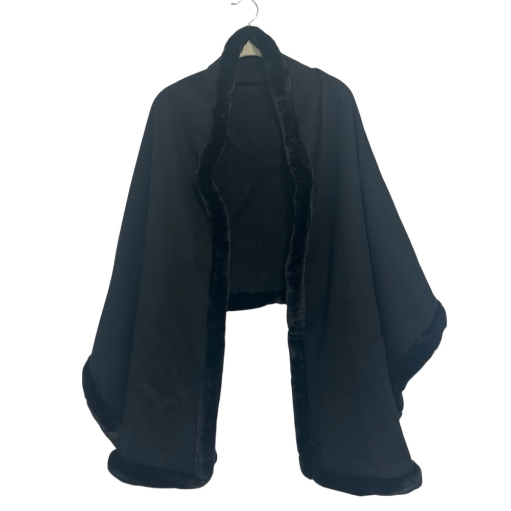 J. McLaughlin Wool Faux Fur Trim Cape Jacket Shawl OS Black